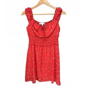 Red Floral Mini Skater Dress Ruffle Smocked Waist Cottagecore Coquette, Size S